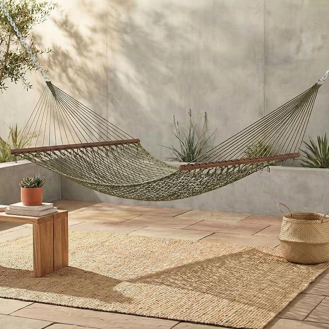 Fab Habitat Rope Recycled Polyester Hammock - Miami - Green - Indoor/Outdoor, Quick Dry, 2 Person 400 lbs Capacity - Patio, Poolside, Backyard, Garden, Beach, Balcony - 12-14 ft Adjustable