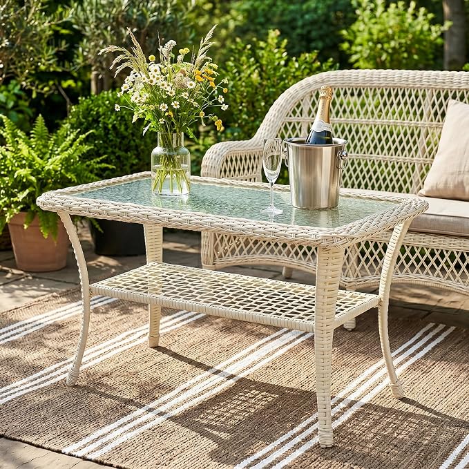 MEETWARM Wicker Patio Coffee Table, 34.5" Rectangle Outdoor Coffee Table with Tempered Glass Top and 2-Tier Storage Shelf, All-Weather Rattan Patio Side Table for Outside Poolside Garden, Cream White