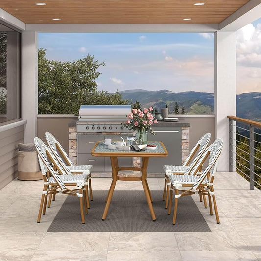 PURPLE LEAF 5-Piece French Bistro Dining Set Rectangle Outdoor Patio Table and 4 Armless Chairs Tempered Glass Top PE Rattan Bamboo Print Finish Aluminum Frame White