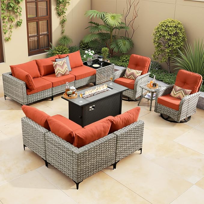 Outdoor Sectional Patio Furniture Set with Fire Pit Table,11 Pieces Rattan Wicker Conversation Sets L Shaped Couch,Out Door Furniture with Swivel Chairs Glowing Coffee Table,Orange Red
