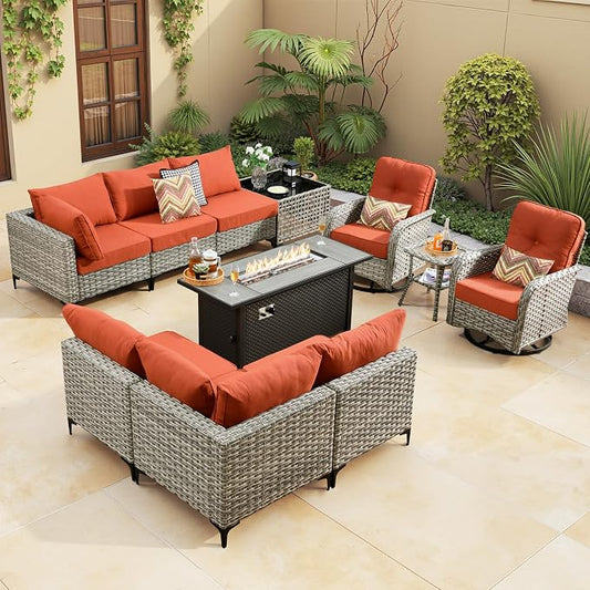 Outdoor Sectional Patio Furniture Set with Fire Pit Table,11 Pieces Rattan Wicker Conversation Sets L Shaped Couch,Out Door Furniture with Swivel Chairs Glowing Coffee Table,Orange Red