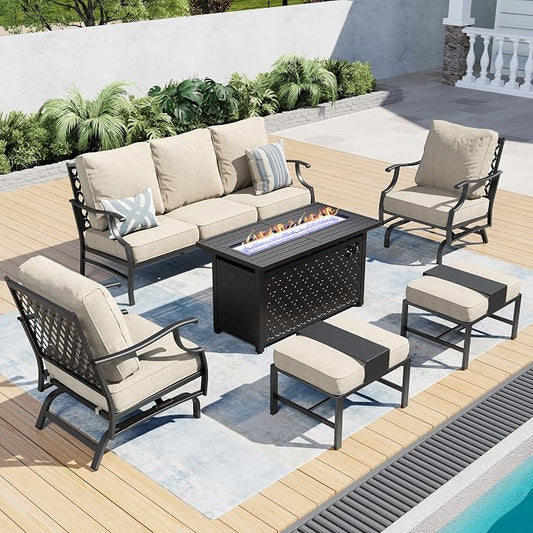 SUNSHINE VALLEY Patio Furniture Set with Firepit Table, Metal Outdoor Patio Furniture, 2 Rocking Chairs, 3 Seater Sofa, 2 Ottomans with 5.75" Extra Thick Cushion and Gas Firepit Table for Backyard