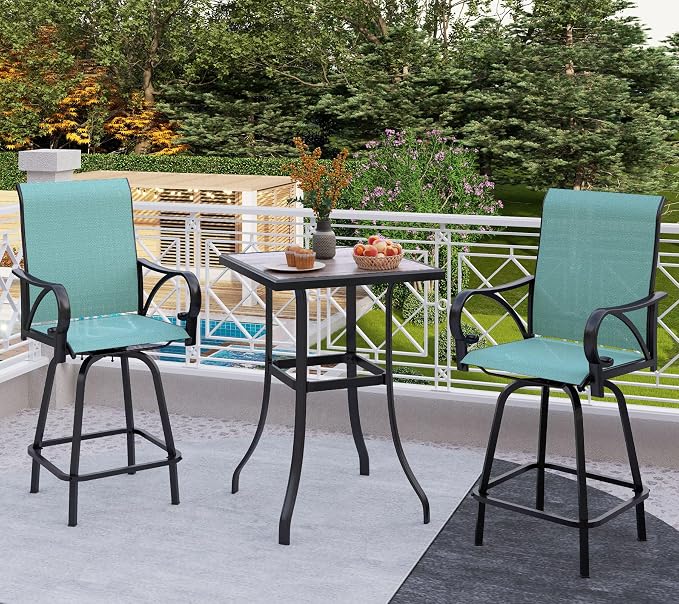 PHI VILLA Outdoor Patio Swivel Bar Set of 3, Jacquard Lake Blue Textilene Furniture Bistro Set with 2 Outdoor Bar Stools and Square Patio Bar Table for Garden Lawn Yard