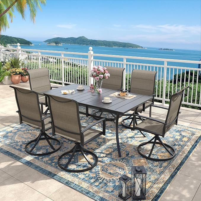 Outdoor Dining Set for 6, 59.2" Outdoor Dining Table with Umbrella Hole and Padded Textilene Patio Swivel Chairs, 7 Pieces Patio Table and Chairs Set for Garden Backyard, Mixed Brown and Black