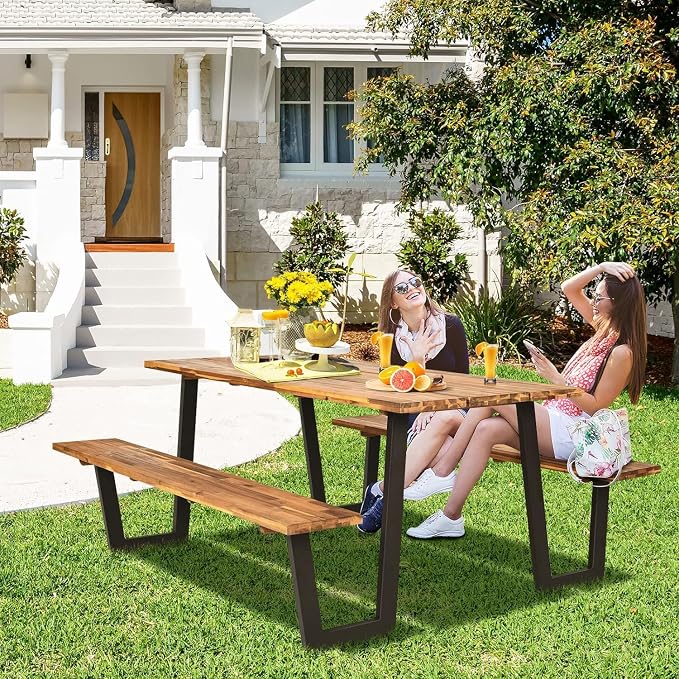 LDAILY Acacia Wood Picnic Table with Umbrella Hole, 70’’ x 30’’ Outdoor Picnic Tables with Benches for 6-8 Persons, 1600 LBS Max Load, Metal Frame & 2" Umbrella Hole, Party, Garden, Yard, Patio, Lawn