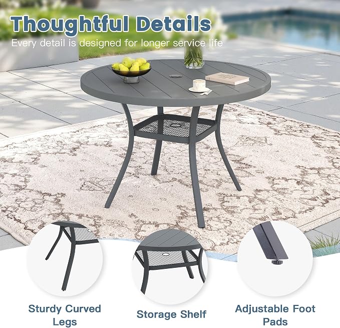 DIFY 5 Pieces Outdoor Dining Set for 4, 40.6" Round Dining Table with Umbrella Hole & Wicker Swivel Patio Chairs with Cushions, Metal Patio Table and Chairs Set for Backyard Porch Garden, Grey