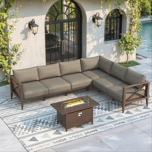 Aluminum Outdoor Patio Furniture Set with 43" Fire Pit Table, 7-Piece Outdoor Sectional with 5.2" Thick Cushions, Patio Conversation Sets for Backyard,(Brown,6 Seats)
