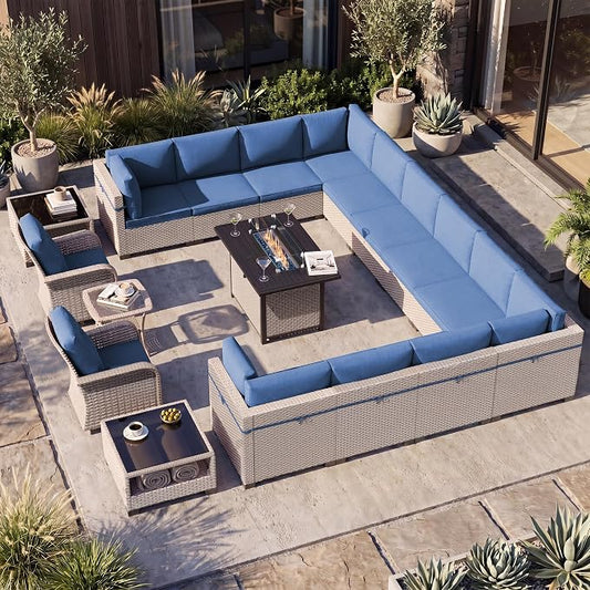 Patio Furniture Set, 18-Piece Outdoor Sectional Sofa with Swivel Rocker Chairs & Fire Pit Table, Wicker Patio Conversation Set with Coffee Table, Blue Cushions