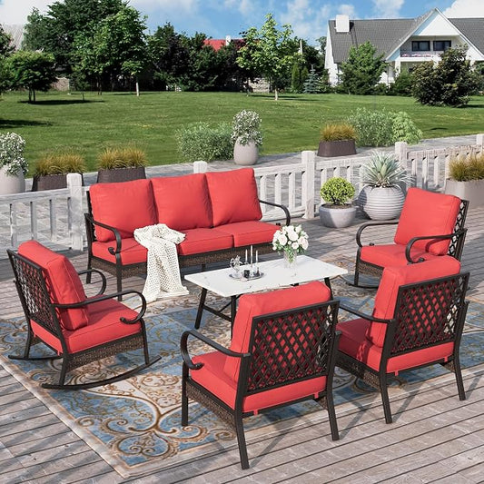 HERA'S HOUSE 6 Piece Metal Patio Furniture Set, All Weather Outdoor Conversation Set with 3-Seat Sofa, 2 Rocking Chairs, 2 Fixed Chairs & Coffee Table, 7 Seats for Backyard, Garden, Deck, Red