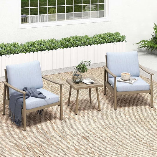 HAPPATIO Patio Conversation Set 3 Pieces, Outdoor Aluminum Conversation Furniture Set, 2 Modern Chairs with Backrest Rope Design and 1 Side Table for Garden, Pool, and Lawn (Brown)