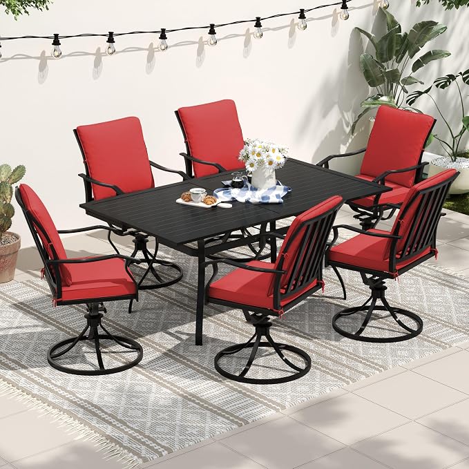 7 Piece Outdoor Patio Dining Set, 62’’ Rectangular Metal Dining Table with Umbrella Hole & 6pcs Patio Swivel Rocking Chairs, Outdoor Furniture Dining Set for Patio, Balcony, Lawn, Garden, Backyard