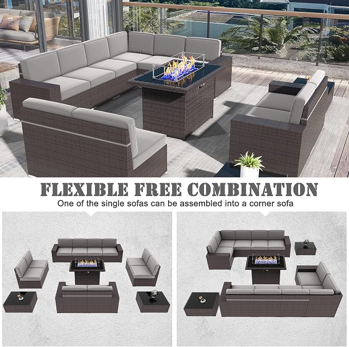 13 Pieces Patio Furniture Set with 44" Propane Gas Fire Pit Table, Outdoor Sectional Brown Rattan Wicker Conversation Sofa Sets with Coffee Table