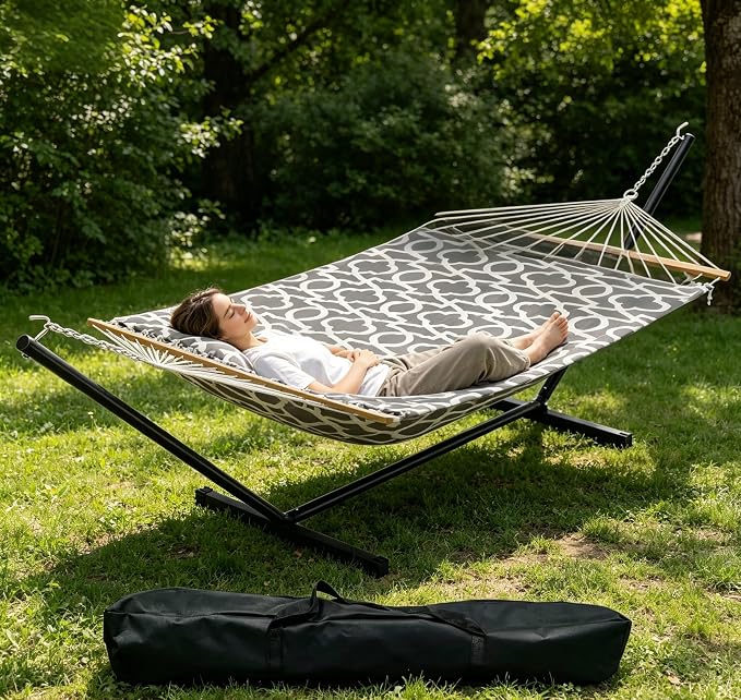 Double Hammock with Stand for 2 Person, Outdoor Freestanding Hammock Bed with 475lb Capacity - Heavy Duty Steel Frame, Quilted Pillow & Portable Carry Bag, Easy Assembly, Light Gray