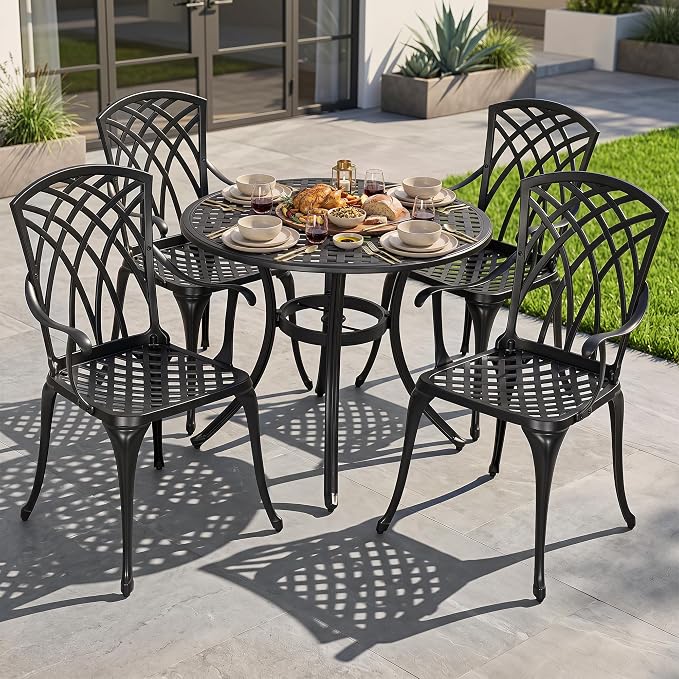 NUU GARDEN 5-Piece Outdoor Dining Set, 33" Cast Aluminum Dining Table with Umbrella Hole and 4 Cast Aluminum Chairs, Patio Table and Chair Set, Patio Dining Set for Poolside Deck Yard Balcony, Black