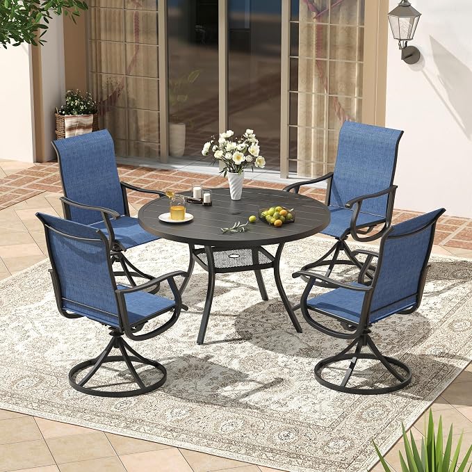 VICLLAX 5 Pieces Outdoor Patio Dining Set for 4, 40.6" Round Metal Table with Umbrella Hole and 4 Swivel Textilene Chairs for Lawn, Garden, Porch, Black/Dark Blue