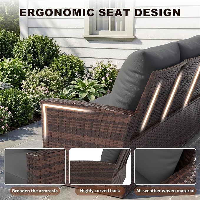 UDPATIO Patio Furniture Set, Outdoor Furniture Sets with Loveseats Sofa, Wicker Rattan Outdoor Conversation Set with Storage CoffeeTable for Backyard, Deck, Porch, Brown/Grey