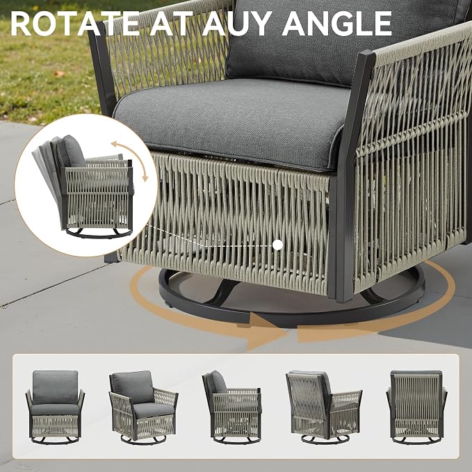 Patio Furniture Set Outdoor/Indoor, Wicker Patio Sofa, 3pcs Furniture Set with Swivel Rocker Chairs and Side Table for Backyard, Garden, Poolside(Grey)