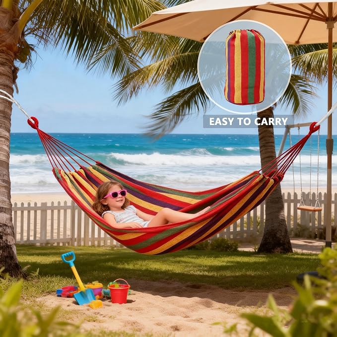 Outdoor Amacas Garden Camping Hammock Portable for Patio Yard Backyard | Cotton Canvas Hammock fabric Portable Carrying Bag stand Porch Para Patios outside 300 Lbs Maximum Weight Capacity Travel ﻿