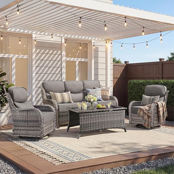 Luxury 4 Pieces Patio Furniture Set-Outdoor Swivel Rocker Patio Chairs with 6" Extra Thick Cushions, High Back Outdoor Couch and Coffee Table, Wicker Conversation Sets for Porch Deck(Grey/Grey)