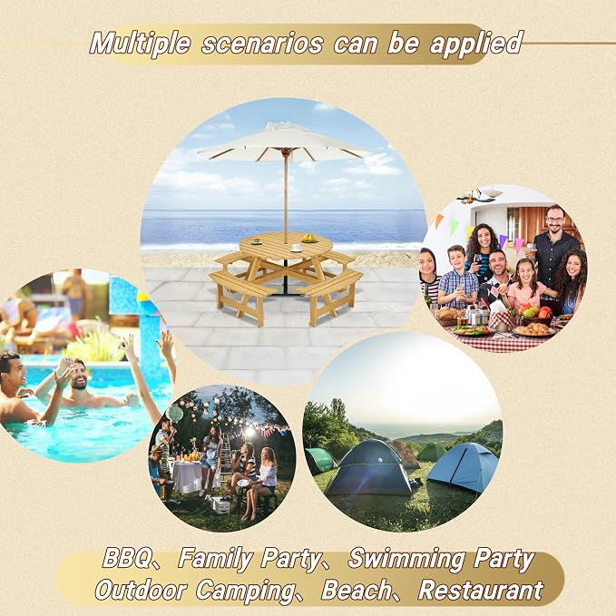 JOYBASE 8-Person Wooden Picnic Table, Outdoor Round Table with Built-in Benches and Umbrella Hole, Picnic Table Bench Set for Patio, Backyard, Garden (Natural)