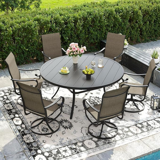 DIFY 7 Pieces Outdoor Dining Set for 6, Outdoor Furniture Set of 6 Brown Textilene Swivel Patio Chairs, 50" Black Round Metal Dining Table with Umbrella Hole, for Garden Deck Backyard