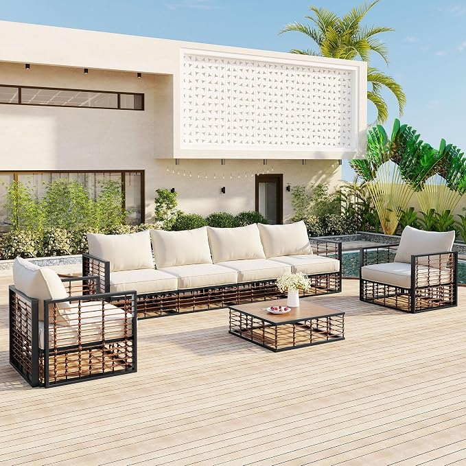 Modern Minimalist 7-Piece Metal Patio Sectional Sofa Set, All-Weather Garden Conversational Furniture Set with Thick Cushions and Coffee Table for Indoor Outdoor (Dark Grey#26)