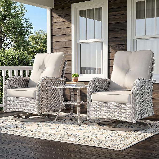 3-Piece Small Patio Furniture Set, Outdoor Swivel Rocking Chairs Set with Wicker Chairs and Tempered Glass Side Table, Outdoor Furniture Patio Bistro Set for Balcony, Deck, Porch