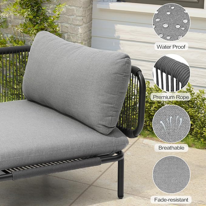 Outdoor Furniture Set, Patio Furniture Oversized Metal Patio Sectional Sofa, 4-Seat Conversation Set with Cushion for Indoor and Outdoor, Black Frame & Dark Grey Mat (4 Seats 8 Armrests)