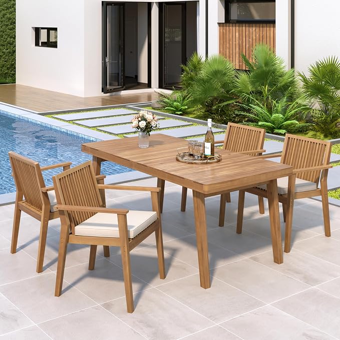 Merax 5 Piece Patio Furniture Set, Acacia Wood Outdoor Dining Set with 1 Table & 4 Heavy-Duty Cushioned Chairs for Porch, Backyard, Garden, Poolside, Indoors, Easy Assembly, Brown