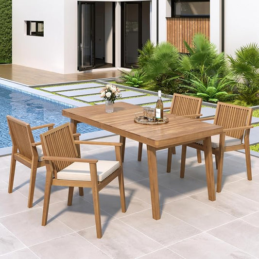 Merax 5 Piece Patio Furniture Set, Acacia Wood Outdoor Dining Set with 1 Table & 4 Heavy-Duty Cushioned Chairs for Porch, Backyard, Garden, Poolside, Indoors, Easy Assembly, Brown