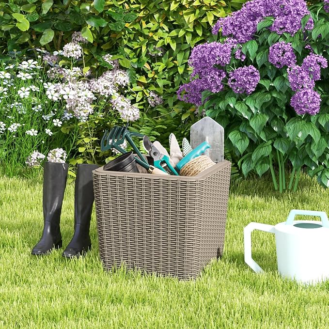 MEDIMALL Resin Wicker Patio Side Table with Lid, 11.5-Gallon Outdoor Deck Box with Concealed Storage Space, Small Square Coffee Table End Table for Porch, Garden, Poolside, Brown/Black (brown)