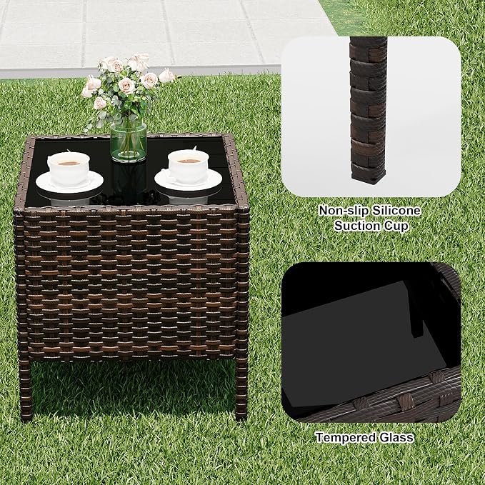 3-Piece Patio Furniture Set,Outdoor Patio Conversation Set with 2 PE Rattan Armchairs, Weather-Resistant Cushions & Tempered Glass Table,All-Weather Bistro Set for Garden, Backyard（Brown/Beige）