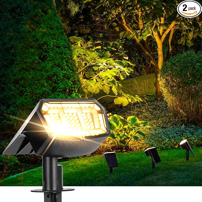 Solar Spot Lights Outdoor Waterproof, Solar Spotlights, 2 Packs, Warm White | 63 LED, 3 Lighting Modes, 120° Adjustable Solar Landscape Lights for Yard, Garden, House, Garage, Pathway