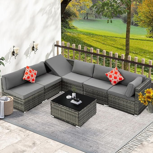 7 Piece Patio Furniture Set with Adjustable Bracket Grey Wicker Rattan Patio Conversation Sets Sectional Sofa Set with Table and Cushions for Porch Lawn Garden, Grey