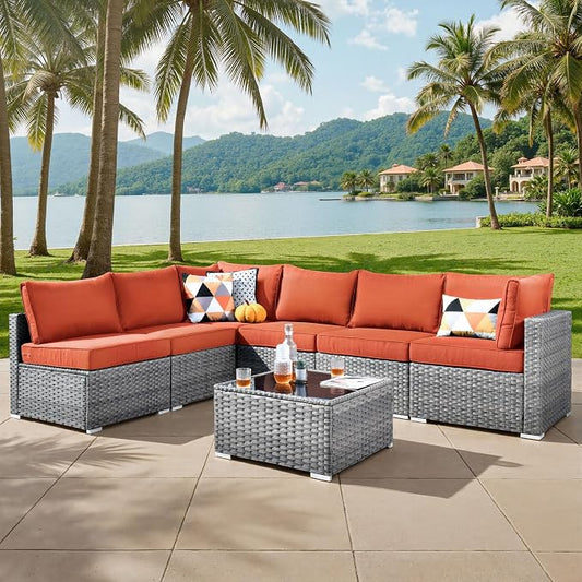 ovios Outdoor 7 Piece Coversation Set with Coffee Table,Sectional Patio Furniture Set with All-Weather Wicker Sofa,Modern Outside Couch for Balcony Backyard Pool, Beige
