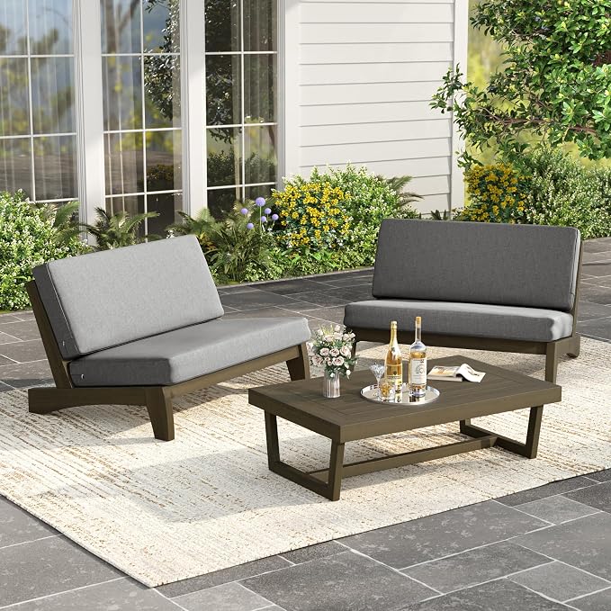 Wood Patio Furniture Sets, 3 Pieces All Weather Patio Loveseat Sofa Outdoor Sectional Futniture Backyard Conversation Set with Solid Wooden Coffee Table - Light Gray