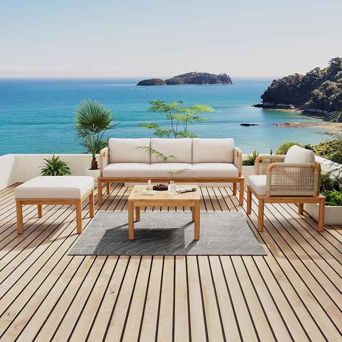 JIVOIT 4-Piece Acacia Wood and Rope Patio Sofa Set, Outdoor Conversation Set with Acacia Wood Coffee Table and Ottoman, Club Chair for Backyard Porch Garden Balcony
