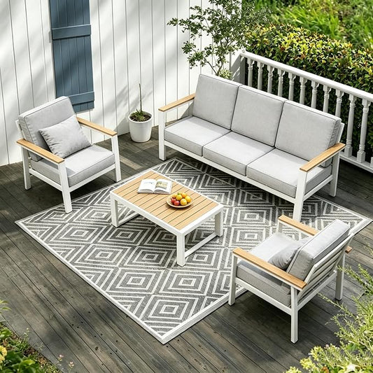 Aluminum Patio Furniture Set, Modern Metal Outdoor Conversation Sectional Sofa with Washable Thick Cushions, Coffee Table and Waterproof Cover (White, 1088-5seat)