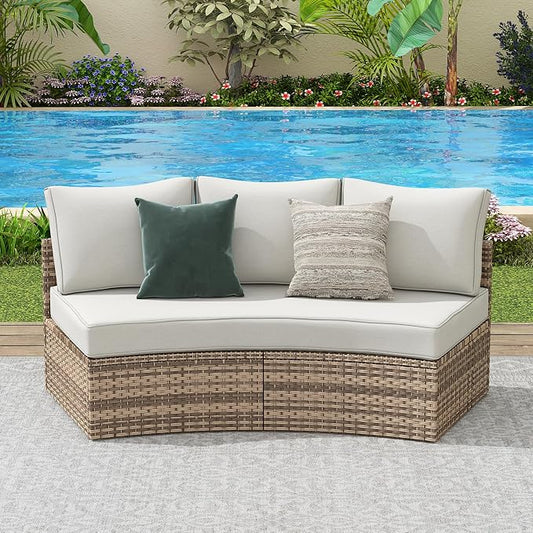 PaPaJet 3-Piece Patio Furniture Set, Half-Moon Wicker Sectional Sofa with Cushions, Waterproof Rattan Outdoor Conversation Set for Beach, Pool, Garden & Balcony, Beige