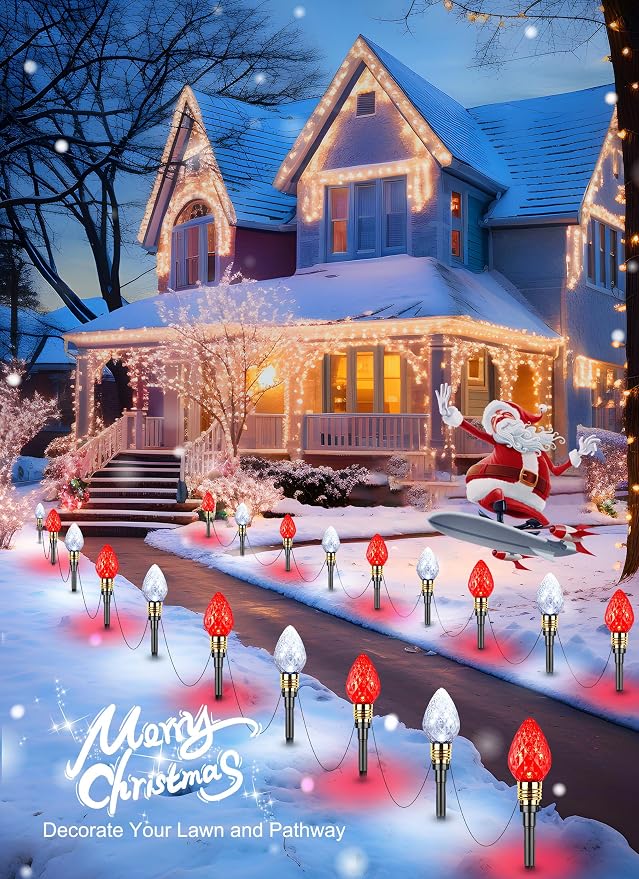2 Pack Strawberry C9 Christmas Pathway Lights Outdoor, Total 34.8 Feet | 20 LED C9 Pathway Lights, Connectable Christmas Light Outdoor Decoration for Lawn Yard Holiday Walkway, Red & Pure White