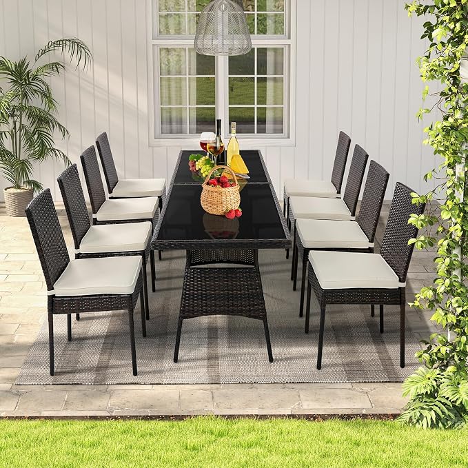 Tangkula 10 Pieces Wicker Patio Dining Set, Outdoor Rattan Table & Chairs Set with Padded Cushions, Patio Furniture Dining Glass Table Set for Balcony Patio Garden Poolside