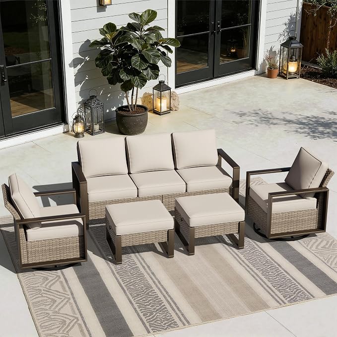 Outdoor Patio Swivel Rocker Chairs, 5 Pieces Wicker Furniture Set, 2 Swivel Rocking Chairs, 1 Sofa and 2 Ottoman, Metal Wide Armrest, Thick Cushions and Deep Seating for Garden, Backyard, Porch, Deck