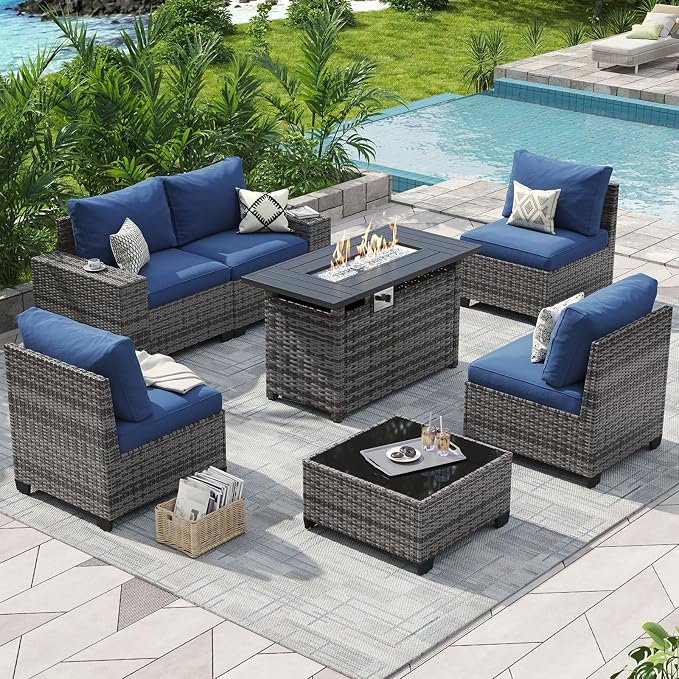 Aoxun Outdoor Patio Furniture Set with 44'' Fire Pit Table, 7 Pcs Outdoor Patio Furniture Sets with 4in Thicken Cushion, Widen Armrests Wicker Outdoor Sectional for Backyard, Navy Blue