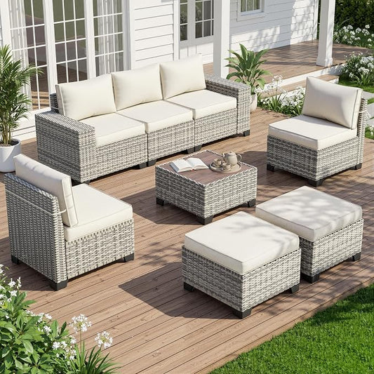 8-Piece Outdoor Patio Furniture Set Wicker Sectional Sofa Set with Ottomans, Patio Conversation Set with Thickened Cushions & Coffee Table for Garden, Backyard, Poolside, White