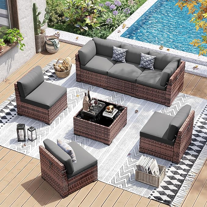 UDPATIO Patio Furniture Set, 7 Pieces Outdoor Sectional Sofa with 105°Slanted Back, Modular Rattan Conversation Set for Poolside, Backyard, Deck, with Coffee Table, Grey