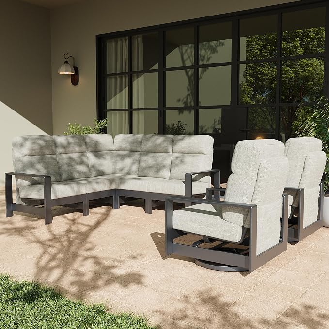 LayinSun 7-Piece Patio Furniture Set, Outdoor Aluminum Conversation Set with Swivel Chair and 6" Thick Cushions, Modern Sectional Sets for Balcony Backyard Pool