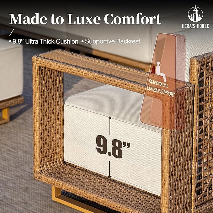 HERA'S HOUSE Patio Sectional Furniture Set, Modular Outdoor Conversation Sets with 5.3" Widened Armrest & 10" Thick Cushion, Low Profile Yellow Wicker Rattan Sofa with 2 Ottomans for Deck Yard Lawn