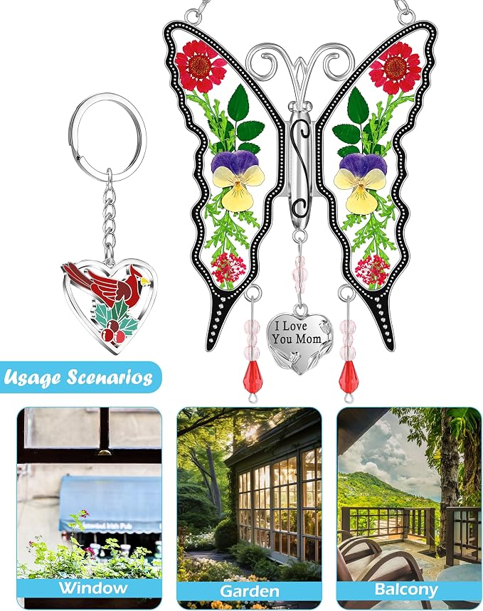 KY&BOSAM Butterfly Suncatcher I Love You Mom Gifts Window Hanging Decor | Wind Chimes,Metal,Pressed Flower ,Glass and Charm,Gifts for Mom Mother's Day Valentine's Birthday Thanksgiving Christmas