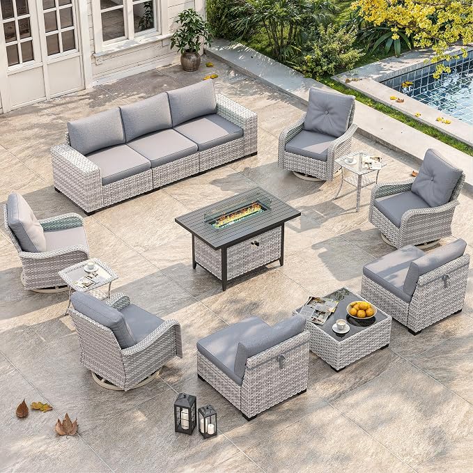 13 Piece Outdoor Wicker Sectional Sofa Set with Swivel Chairs & Fire Pit Table, 9-Seats with 4" Thickened Cushions & Coffee Table, All-Weather PE Rattan for Garden, Backyard, Porch, Gray