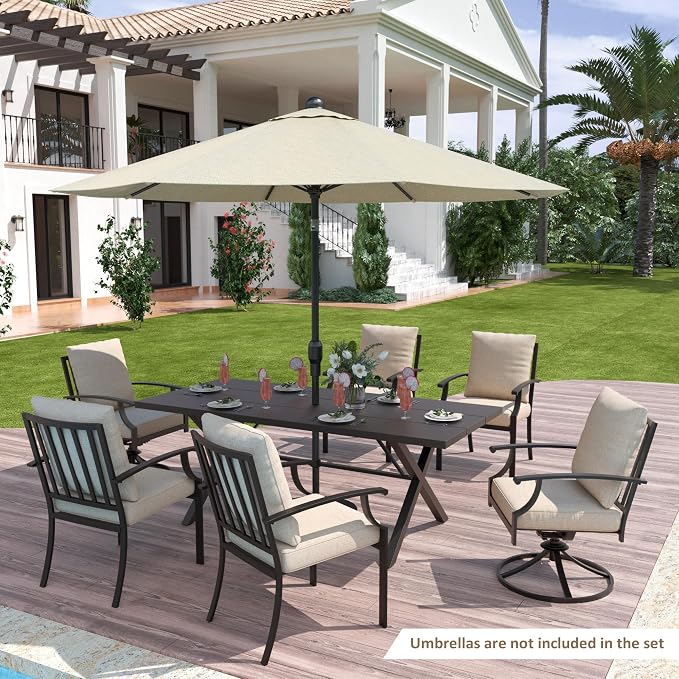 ALAULM 7-Piece Patio Dining Table and Chairs for 6 Outdoor Dining Set with 2 Swivel Chairs Patio Dining Sets with Rectangular Metal Table with Umbrella Hole for Patio, Backyard, Garden-Sand